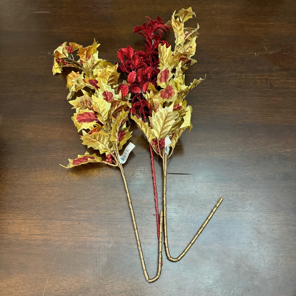 Holiday Elegance Christmas Glitter Holly Leaves Artificial Red and Gold NWT